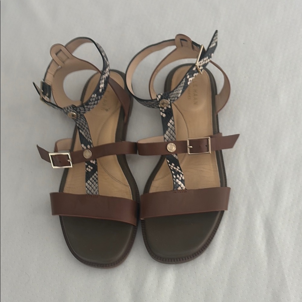 Cole Haan Brown Leather Sandals with Black-and-White Snake-Print T-Strap